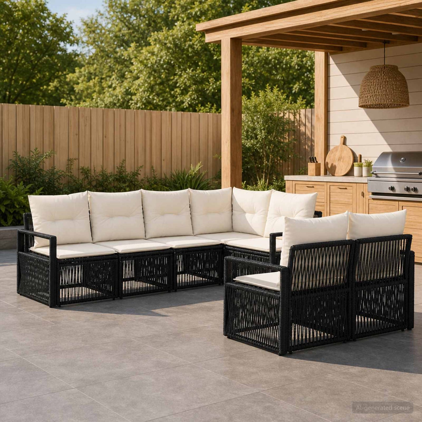 Tuinbankenset 7 st 7-Aantal zitplaatsen Zwart poly rattan