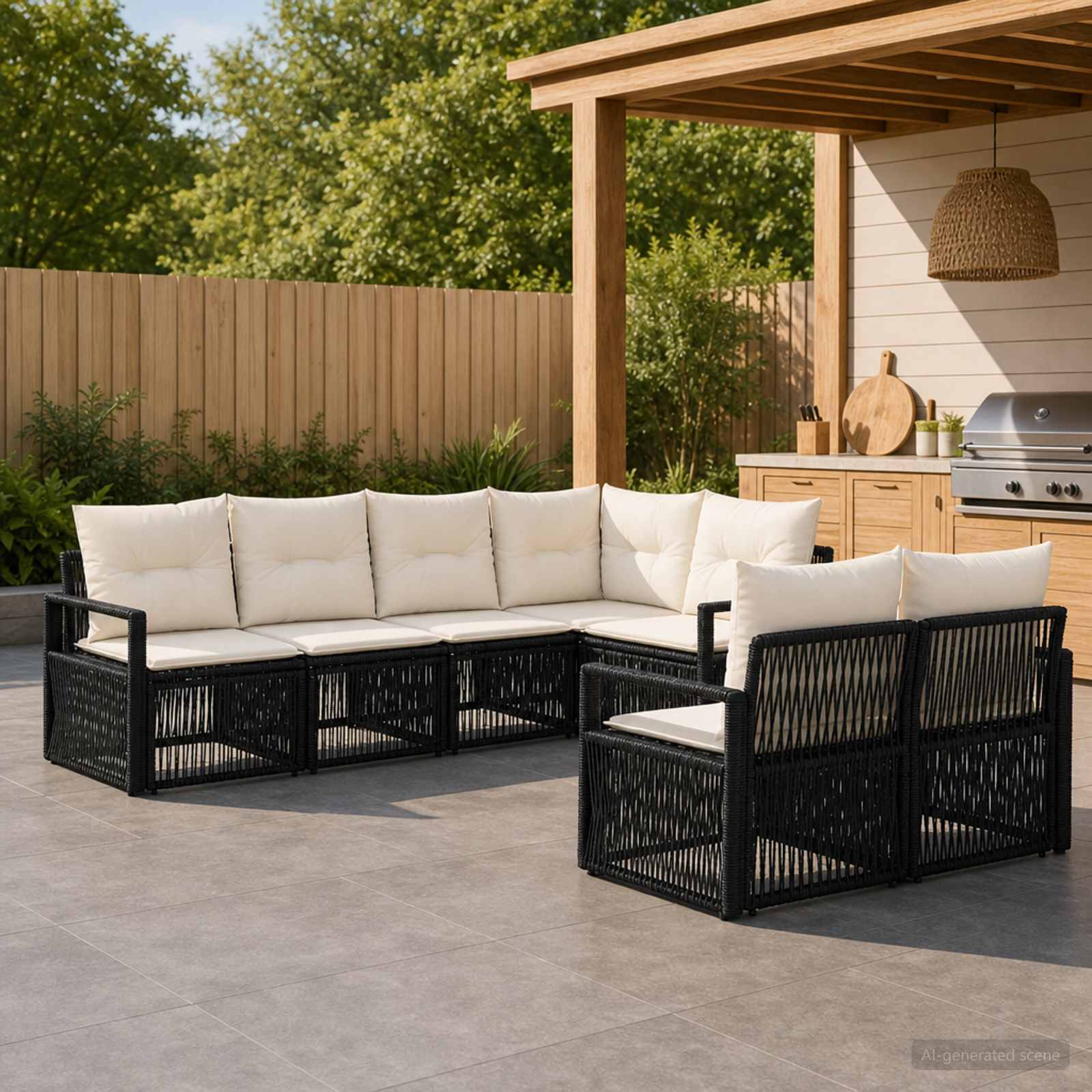 Tuinbankenset 7 st 7-Aantal zitplaatsen Zwart poly rattan