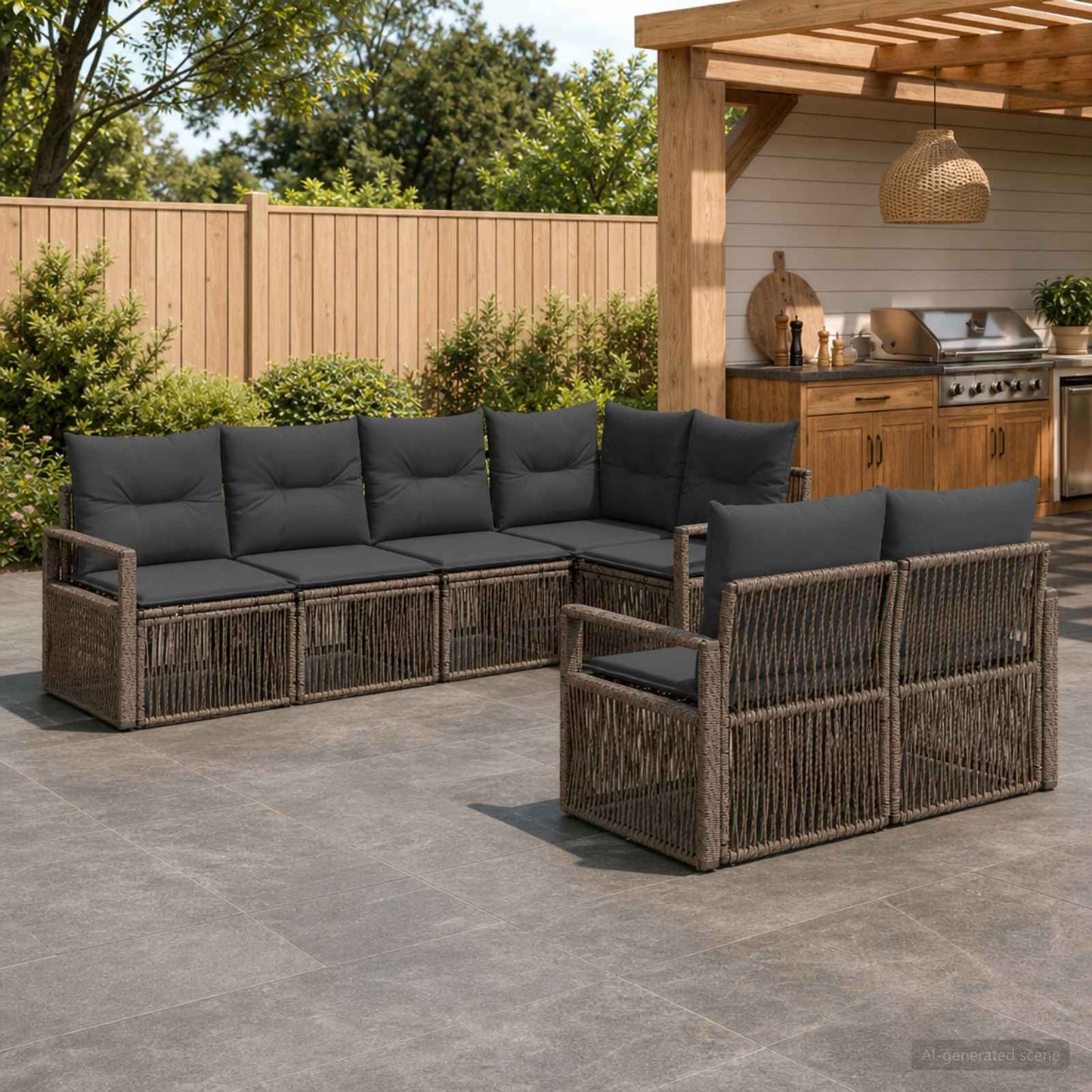 Tuinbankenset 7 st 7-Aantal zitplaatsen Grijs poly rattan