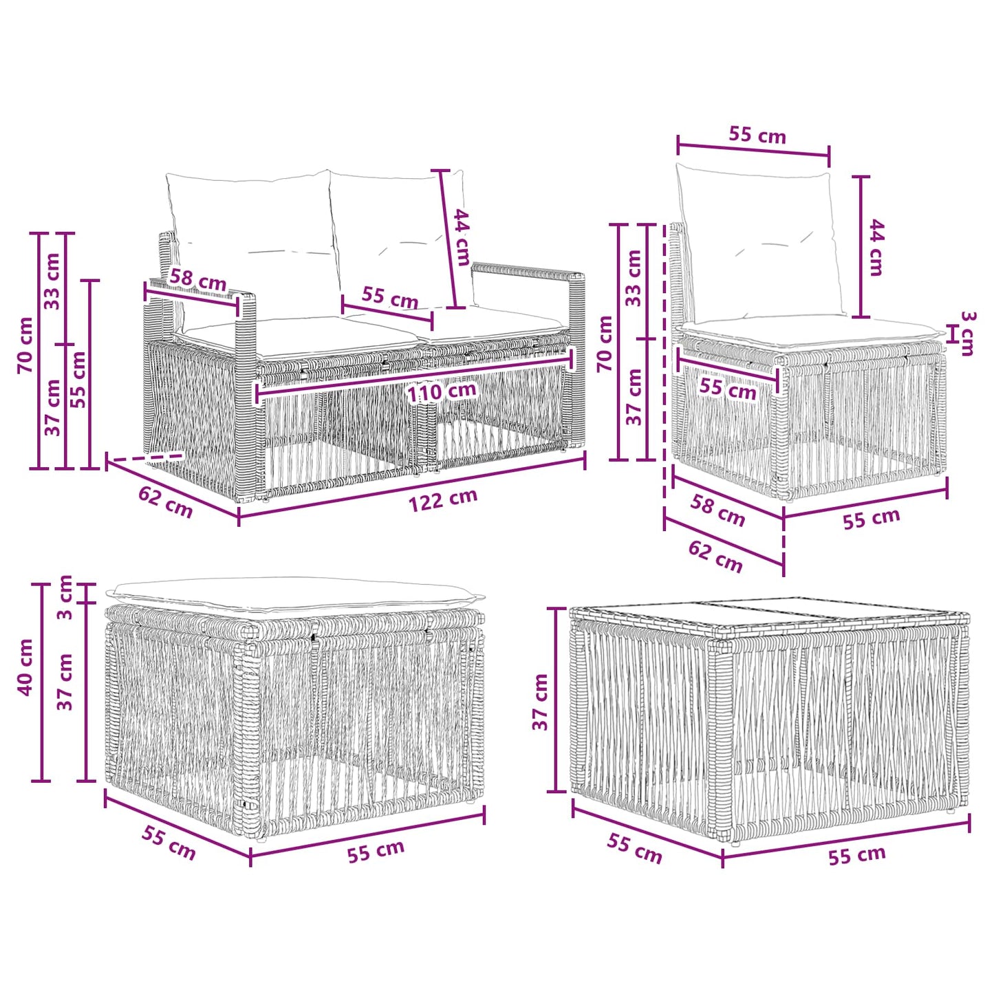 Tuinbankenset 10 pcs Zwart poly rattan