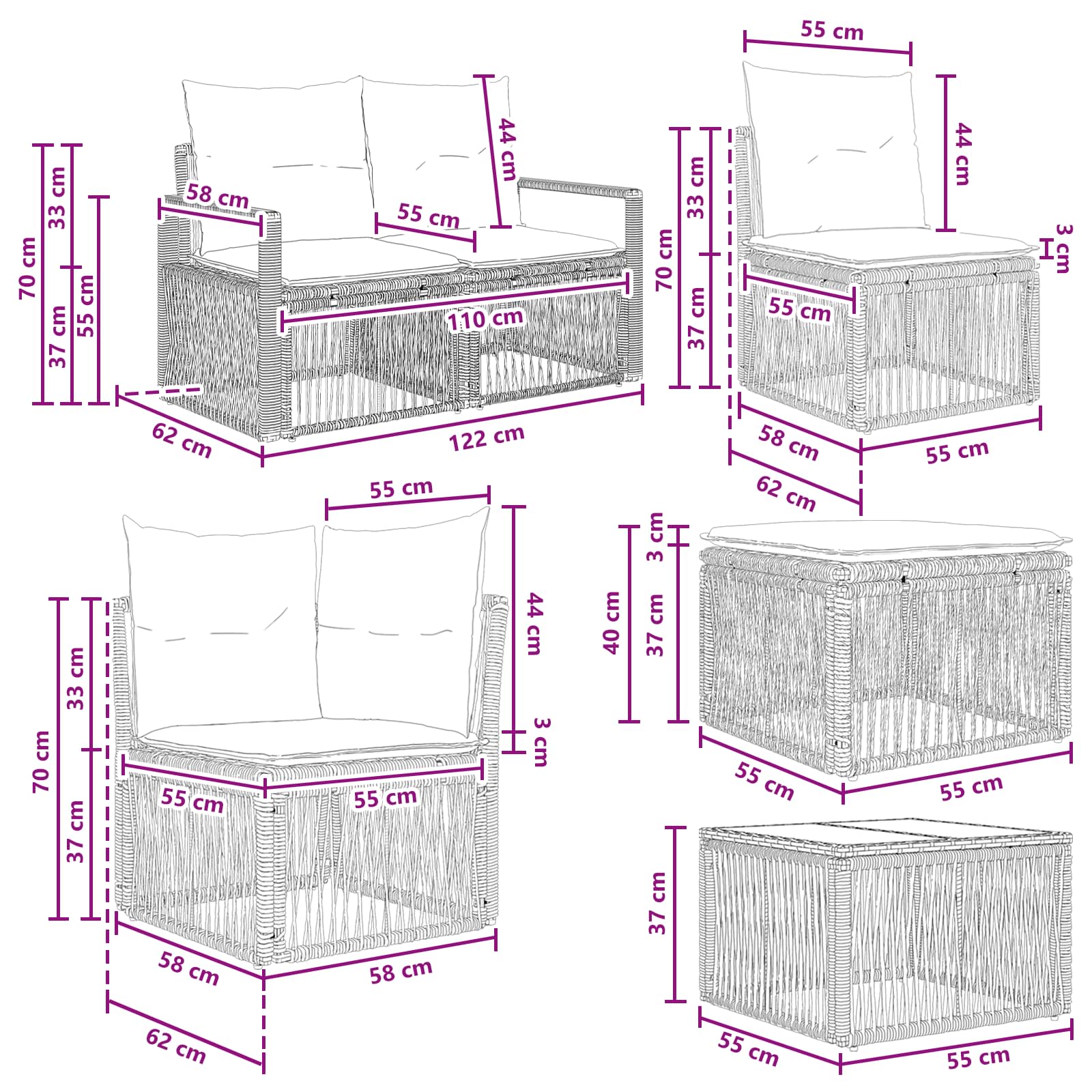 Tuinbankenset 10 pcs Zwart poly rattan