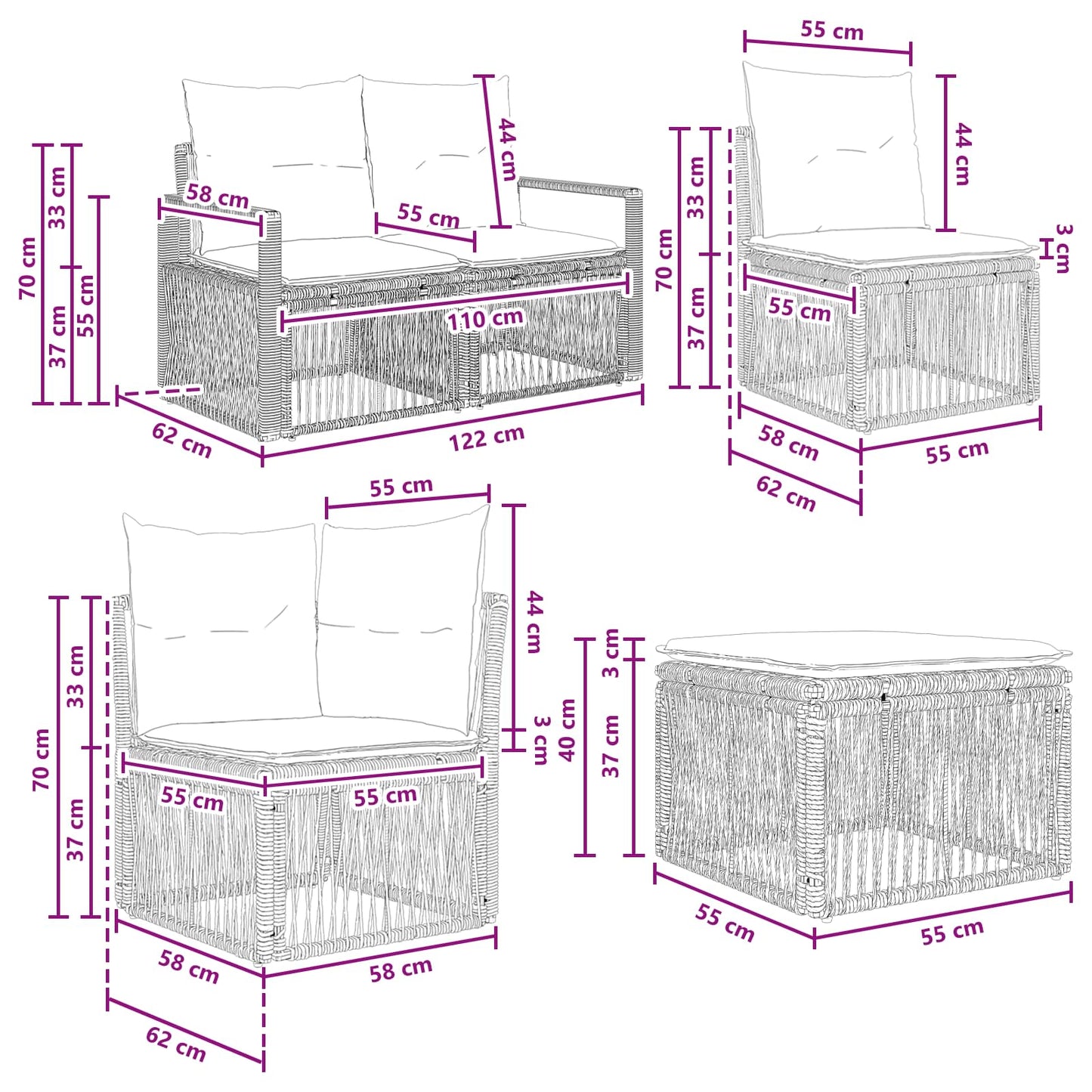Tuinbankenset 11 pcs Grijs poly rattan