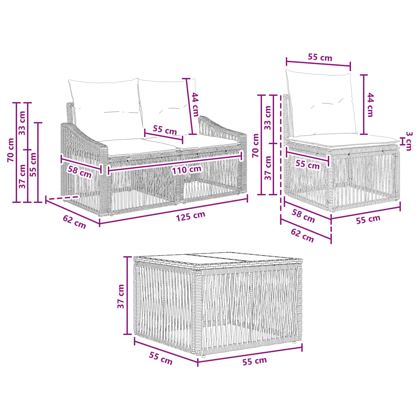 Tuinbankenset 4 pcs Zwart poly rattan