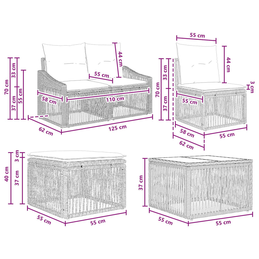 Tuinbankenset 5 pcs Zwart poly rattan