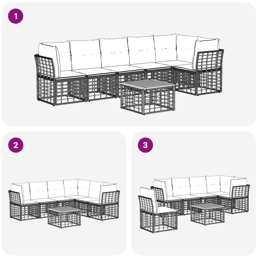 Tuinbankenset 7 pcs Zwart en Donkergrijs poly rattan