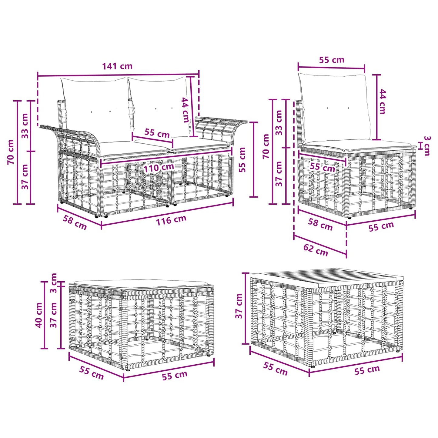 Buiten bankenset 8 pcs Zwart en Donkergrijs Polyester