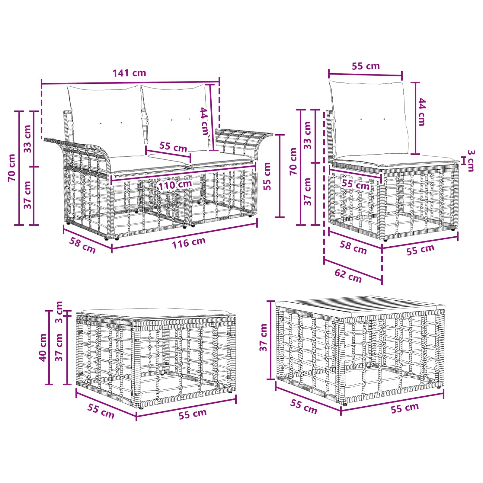 Buiten bankenset 8 pcs Zwart en Donkergrijs Polyester