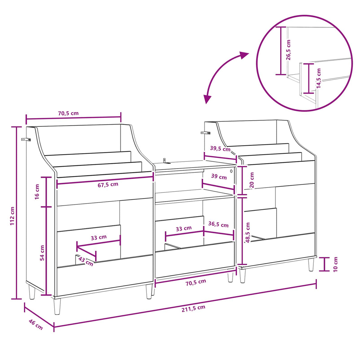 Media Planken Set 3 st Wit 212 x 46 x 112 cm Bewerkt hout