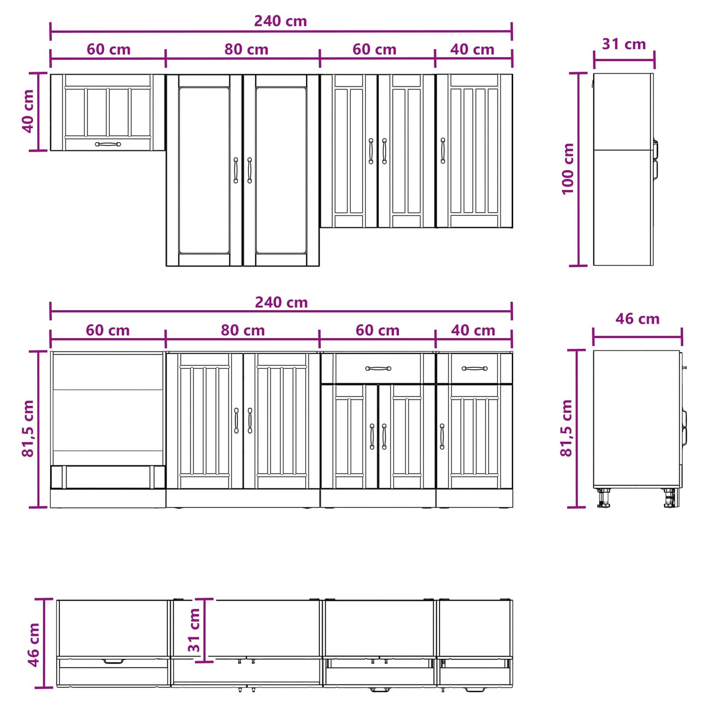 Keukenblok LUCCA 8 pcs Zwart Bewerkt hout