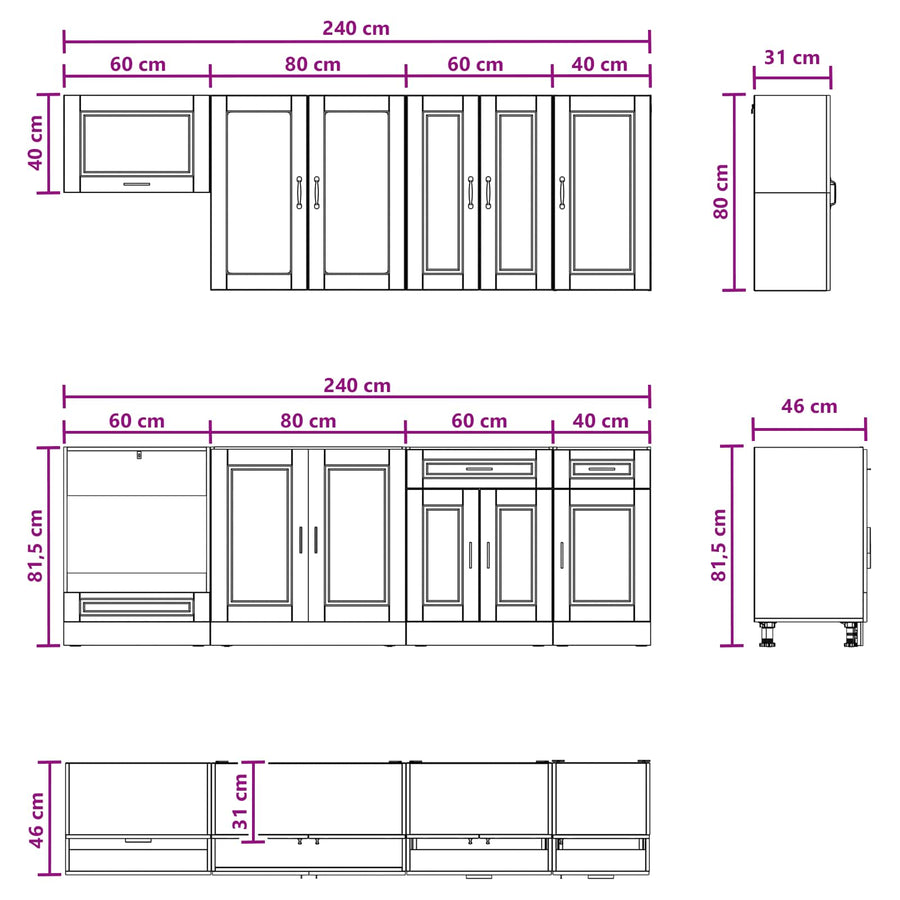 Keukenblok PORTO 8 pcs Gerookt eiken Bewerkt hout
