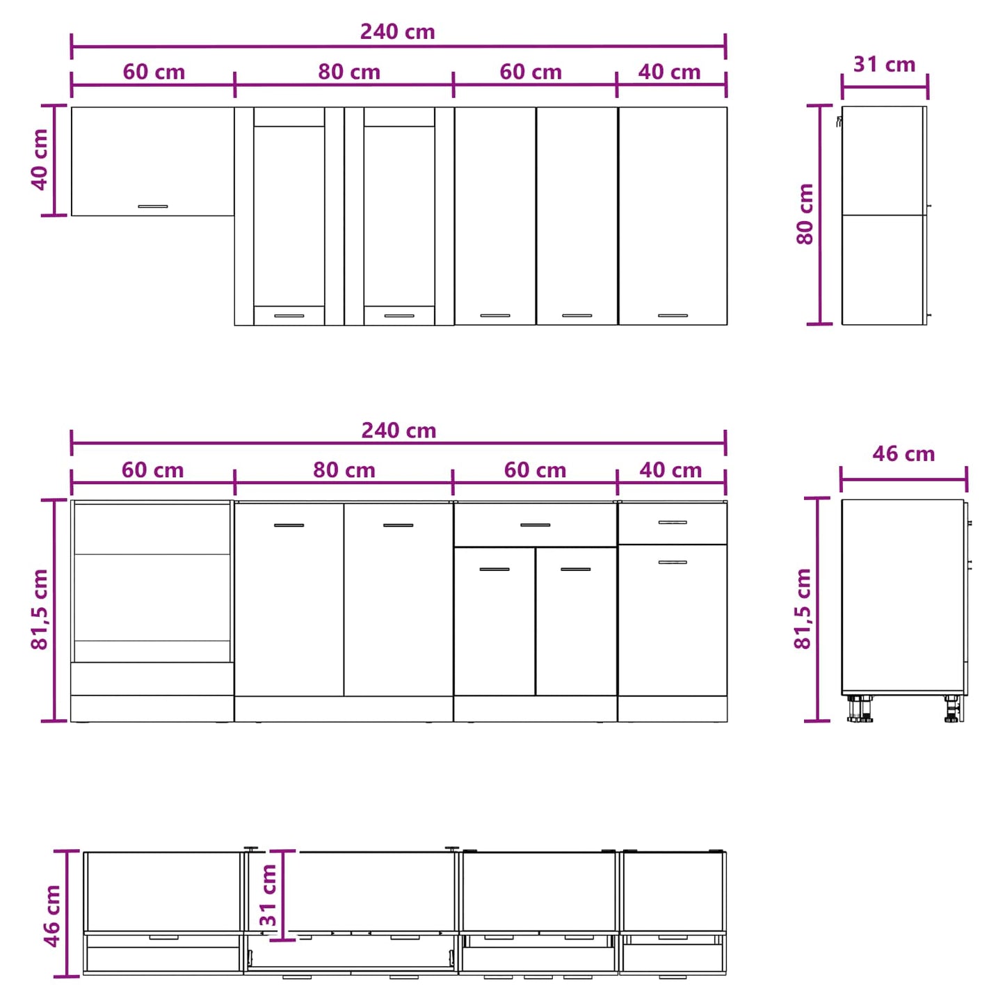 Keukenblok LYON 8 pcs Wit Bewerkt hout