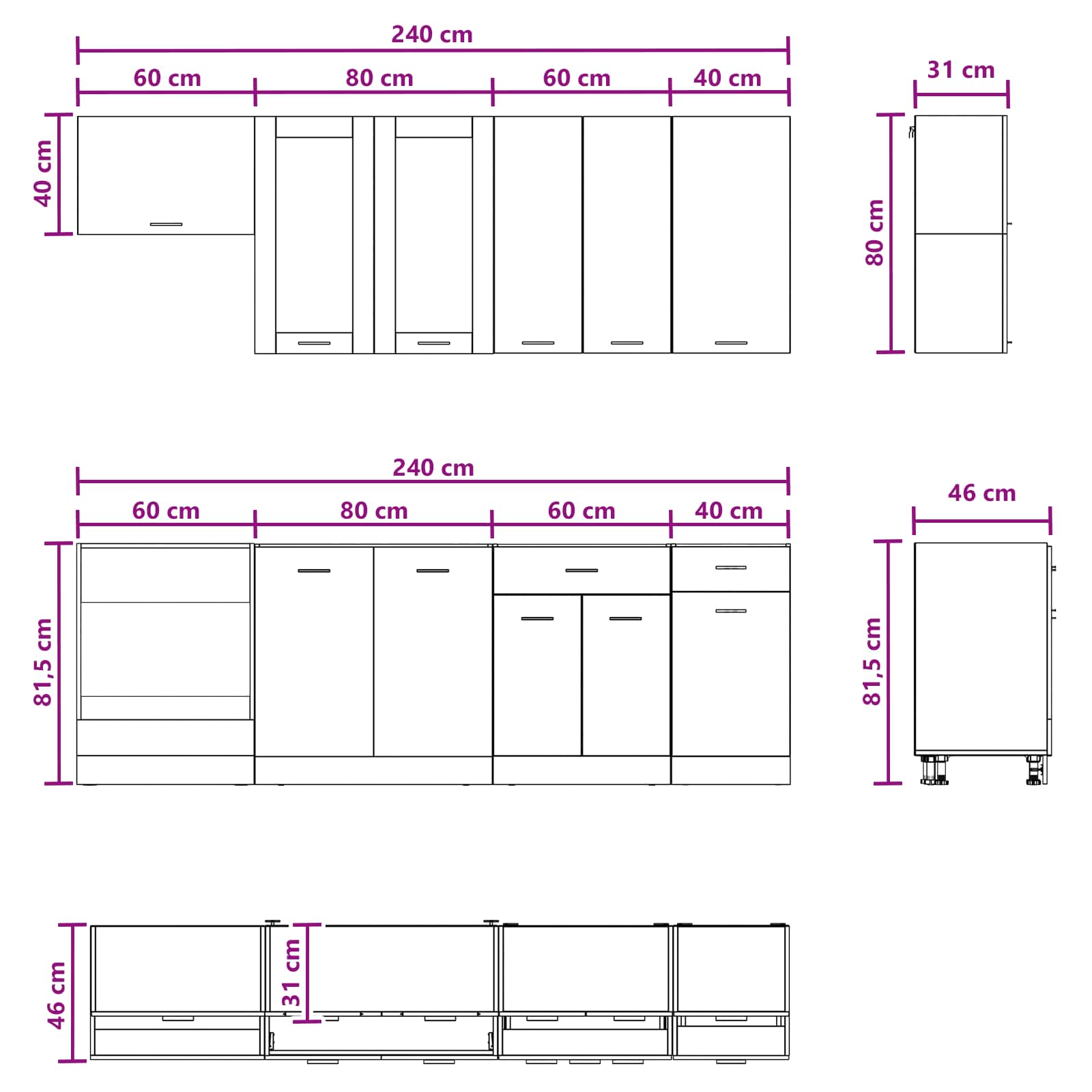 Keukenblok LYON 8 pcs Wit Bewerkt hout