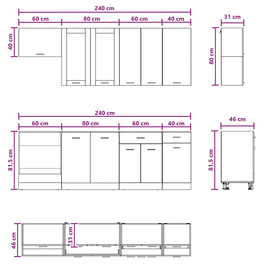 Keukenblok LYON 8 pcs Wit Bewerkt hout