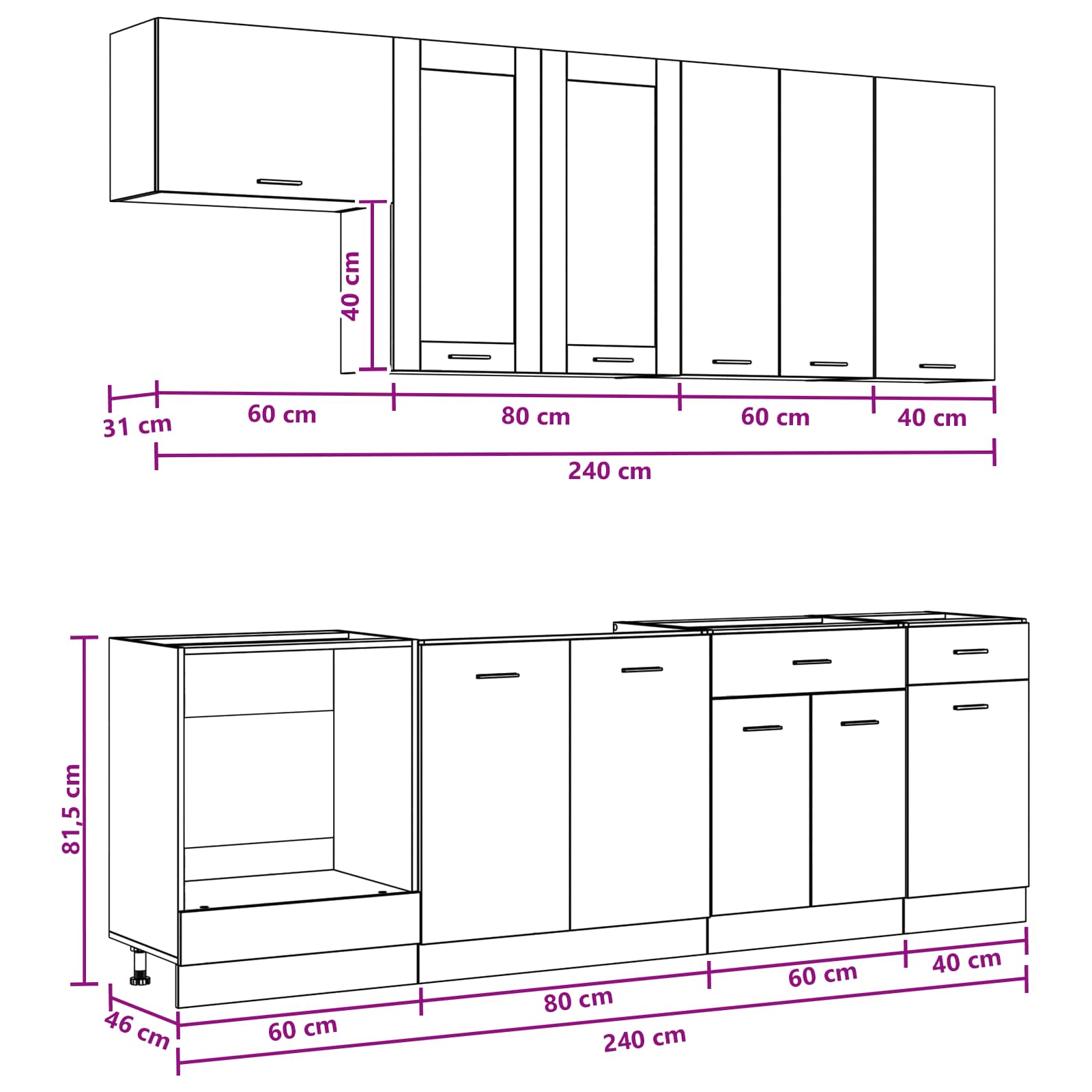 Keukenblok LYON 8 pcs Wit Bewerkt hout