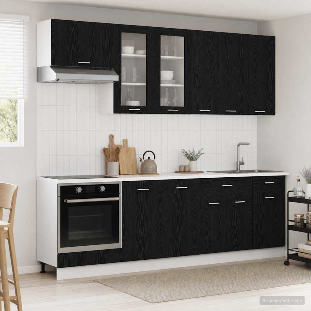 Keukenblok LYON 8 pcs Zwart eiken Bewerkt hout
