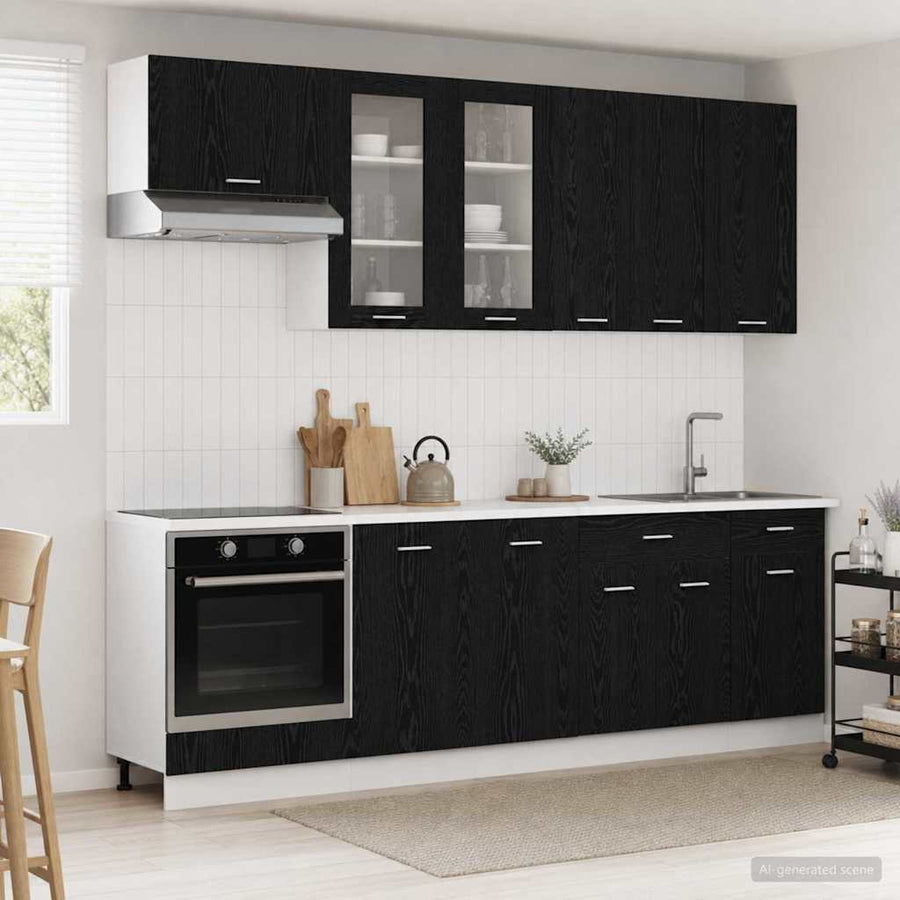 Keukenblok LYON 8 pcs Zwart eiken Bewerkt hout