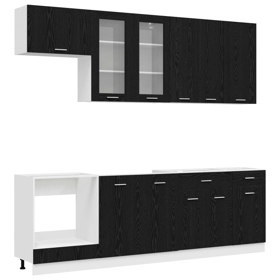 Keukenblok LYON 8 pcs Zwart eiken Bewerkt hout