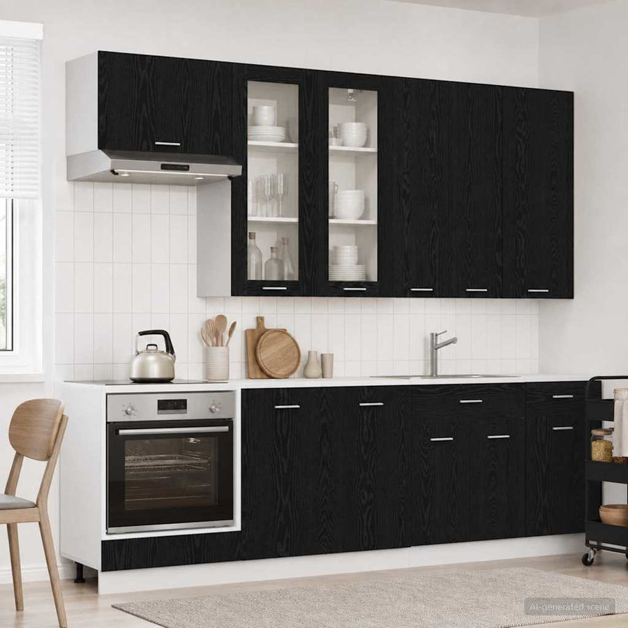 Keukenblok LYON 8 pcs Zwart eiken Bewerkt hout