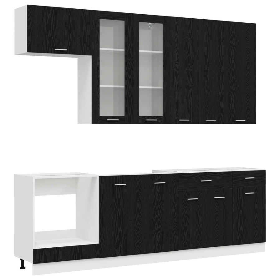 Keukenblok LYON 8 pcs Zwart eiken Bewerkt hout
