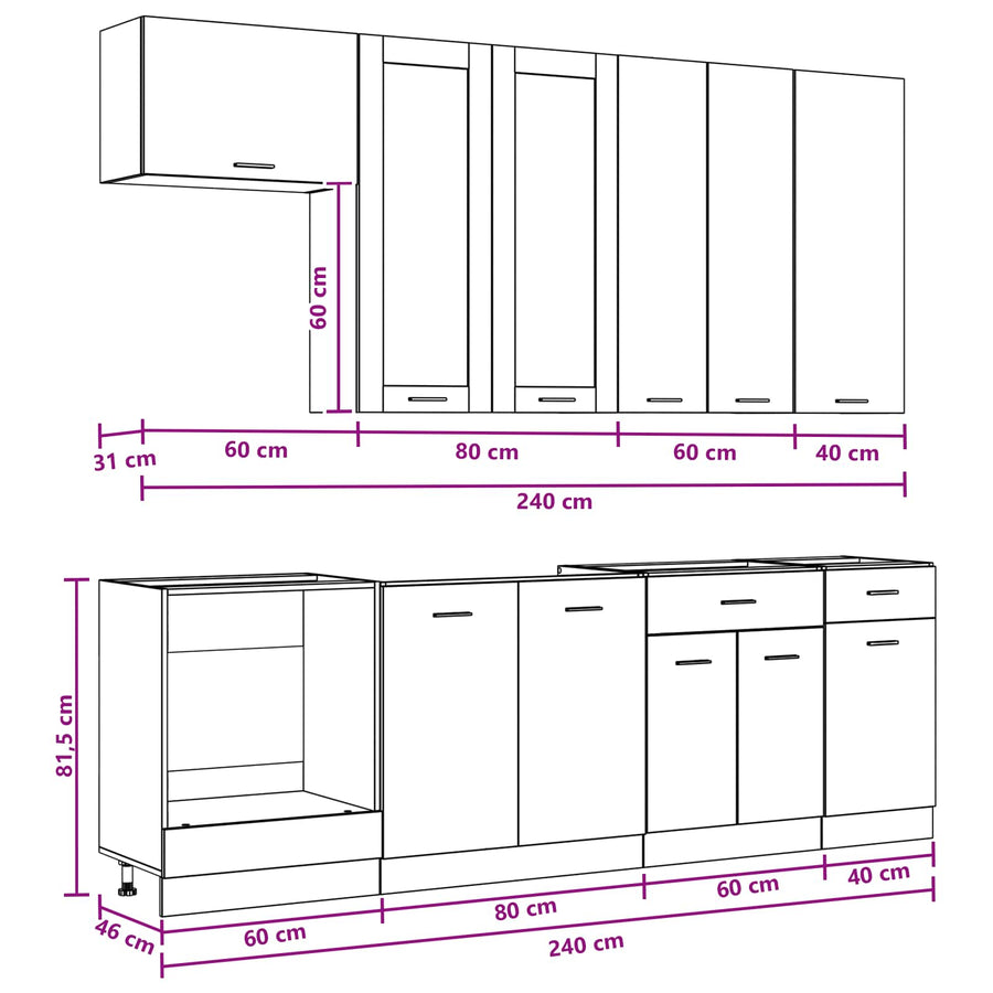 Keukenblok LYON 8 pcs Zwart eiken Bewerkt hout