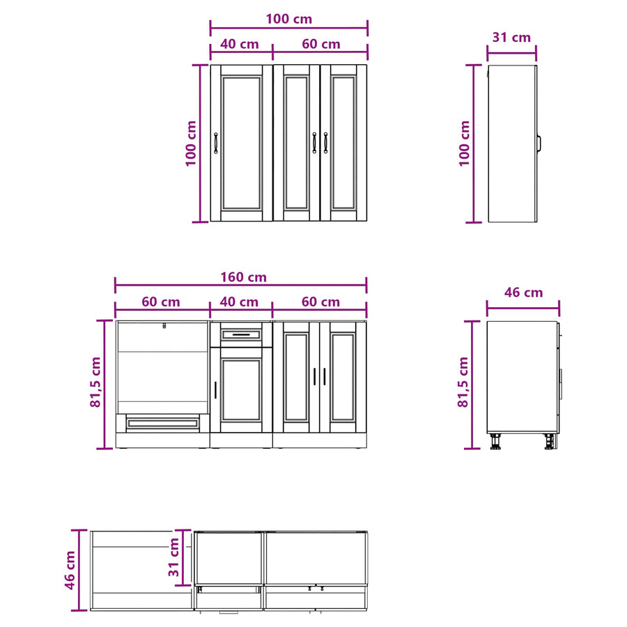Keukenblok PORTO 5 pcs Bruin eiken Bewerkt hout