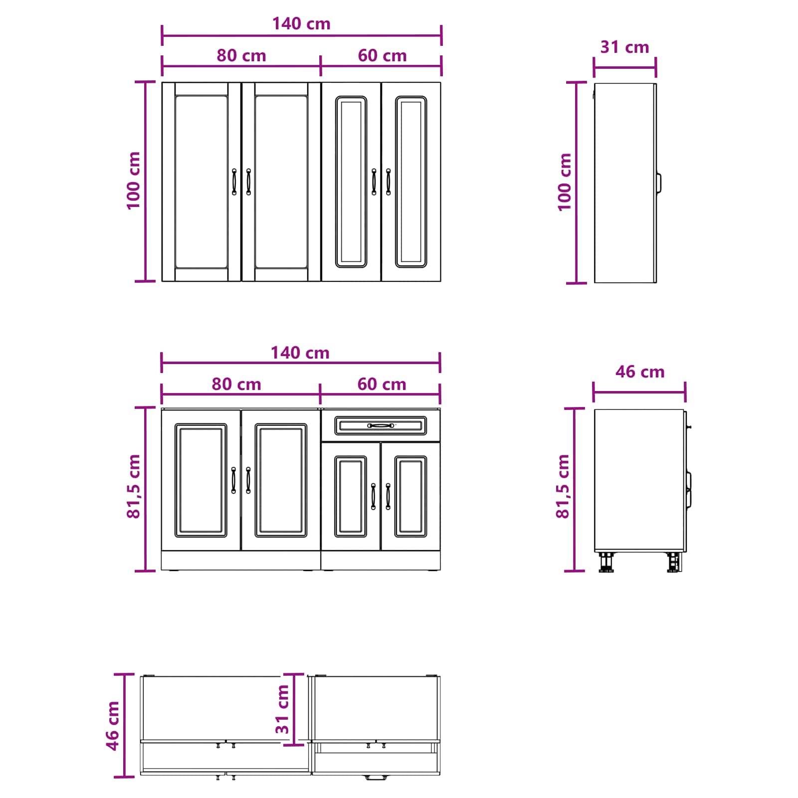 Keukenblok KALMAR 4 pcs Bruin eiken Bewerkt hout