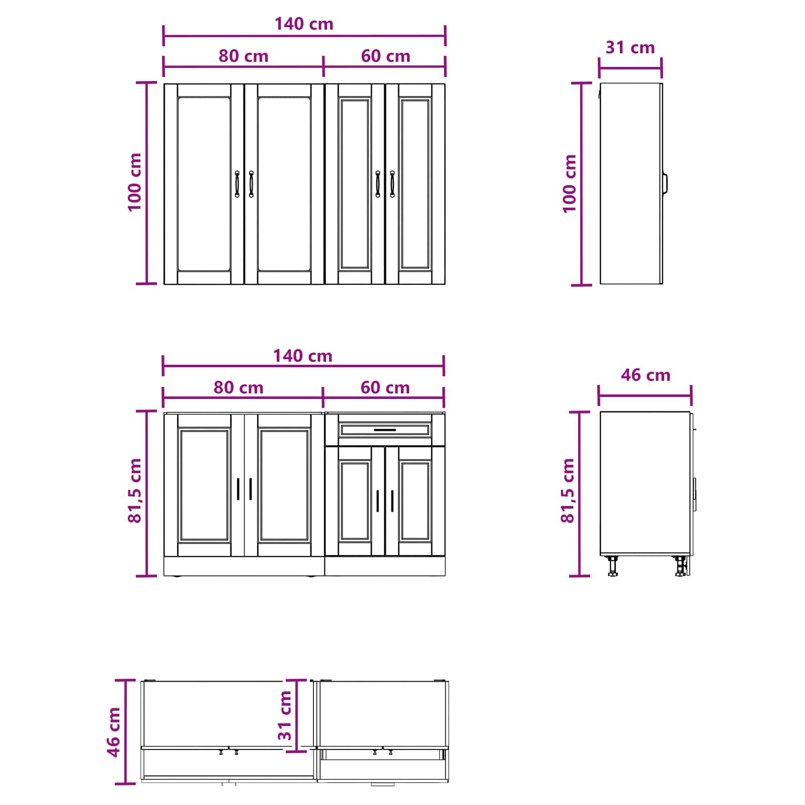 Keukenblok PORTO 4 pcs Bruin eiken Bewerkt hout