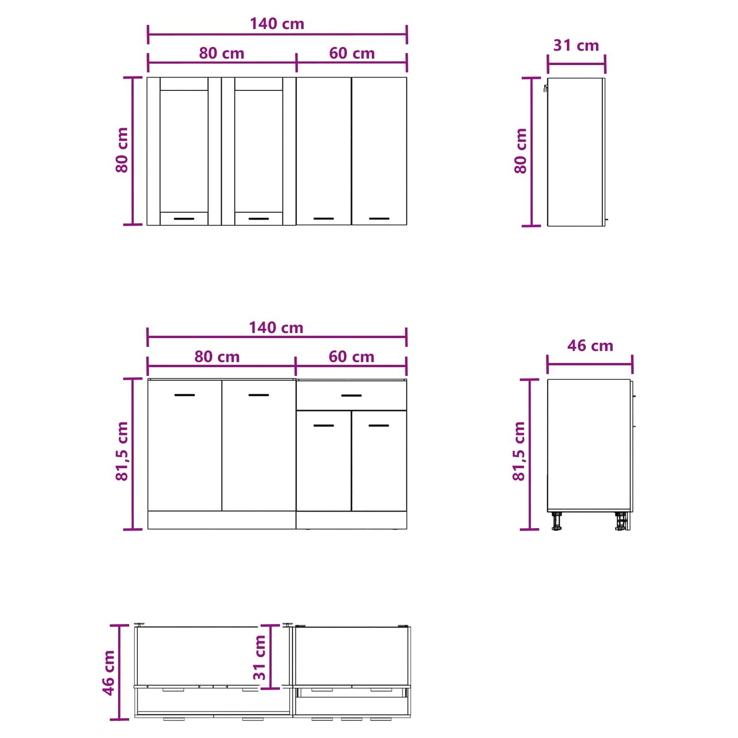 Keukenblok LYON 4 pcs Wit Bewerkt hout