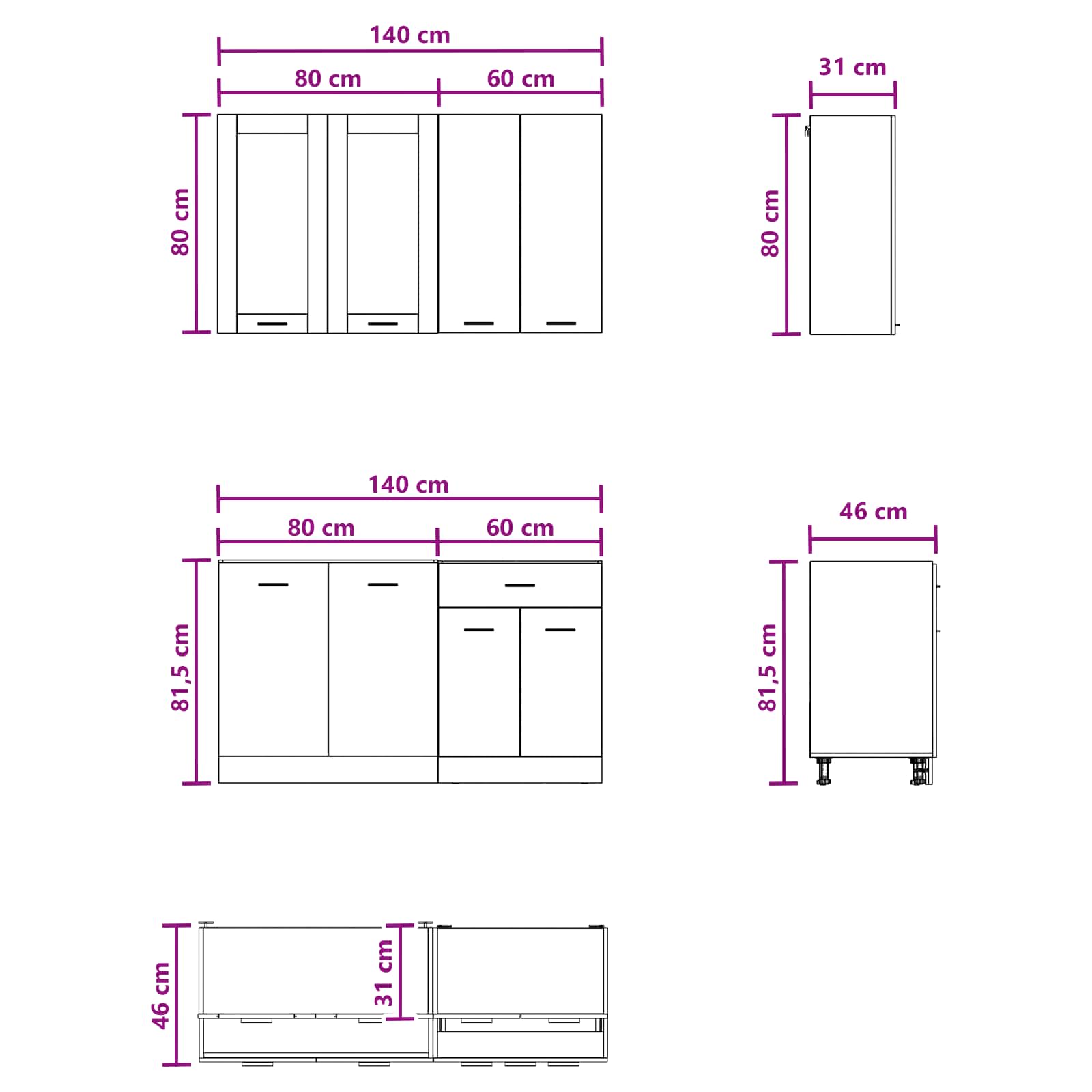 Keukenblok LYON 4 pcs Wit Bewerkt hout