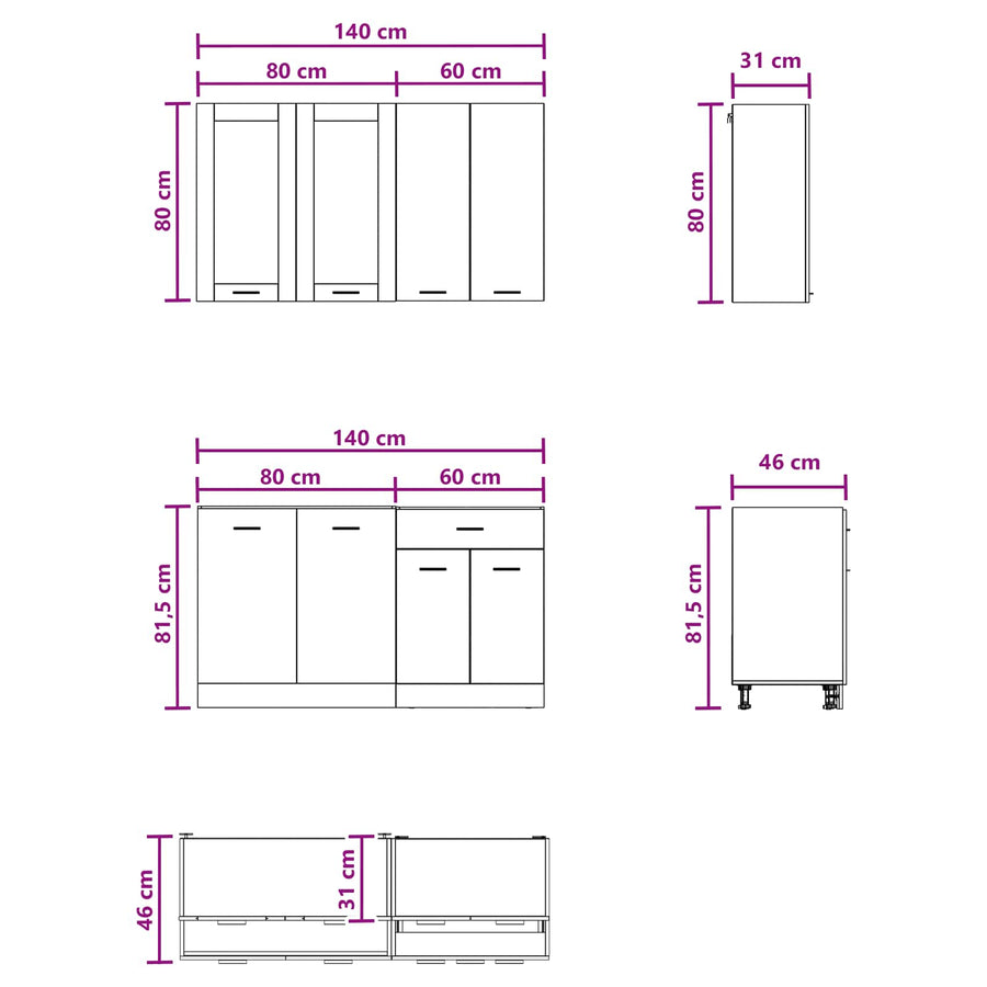 Keukenblok LYON 4 pcs Wit Bewerkt hout