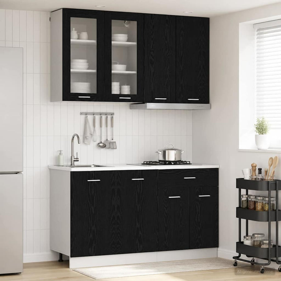 Keukenblok LYON 4 pcs Zwart eiken Bewerkt hout