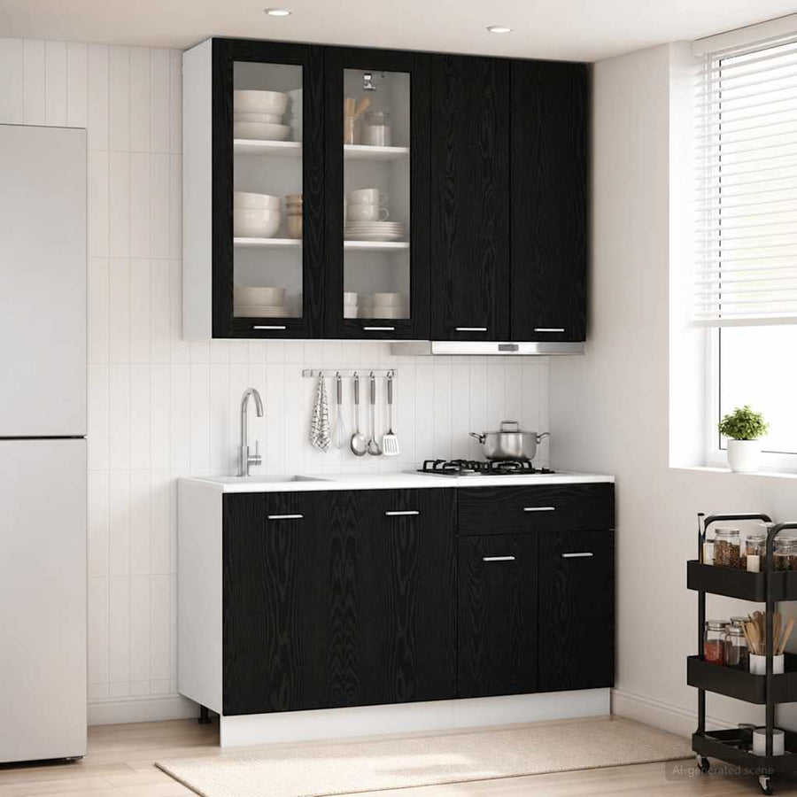 Keukenblok LYON 4 pcs Zwart eiken Bewerkt hout