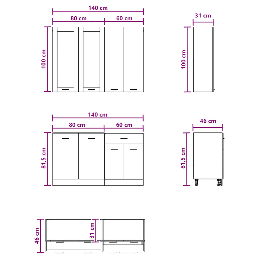 Keukenblok LYON 4 pcs Zwart eiken Bewerkt hout