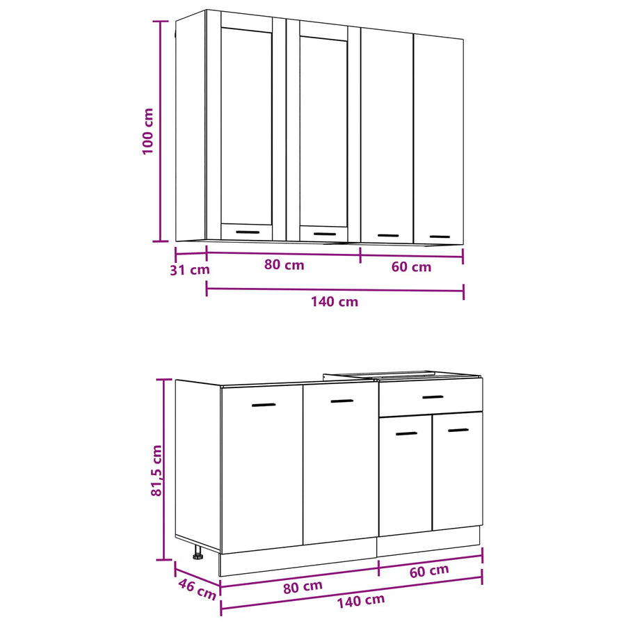 Keukenblok LYON 4 pcs Zwart eiken Bewerkt hout