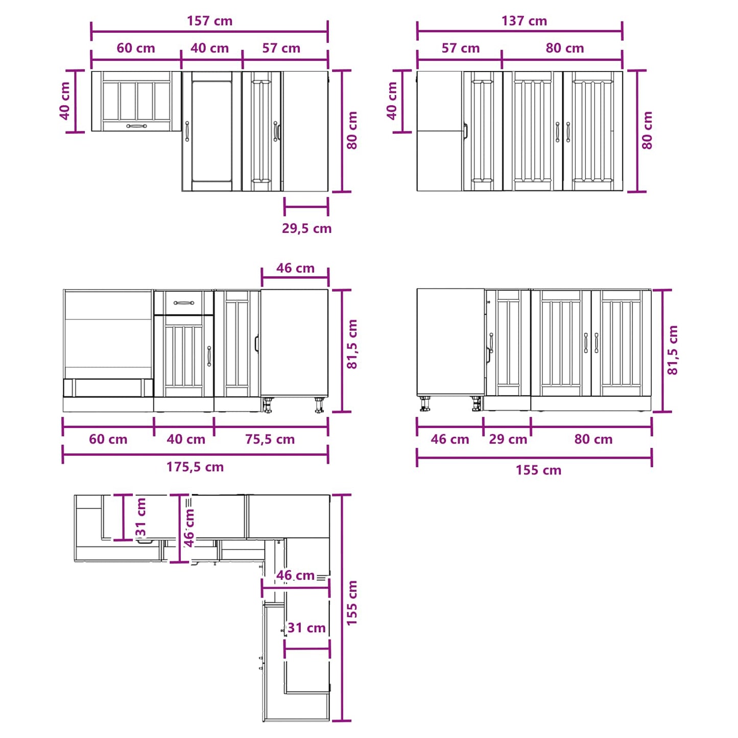 Keukenblok LUCCA 8 pcs Hoogglans Wit Bewerkt hout