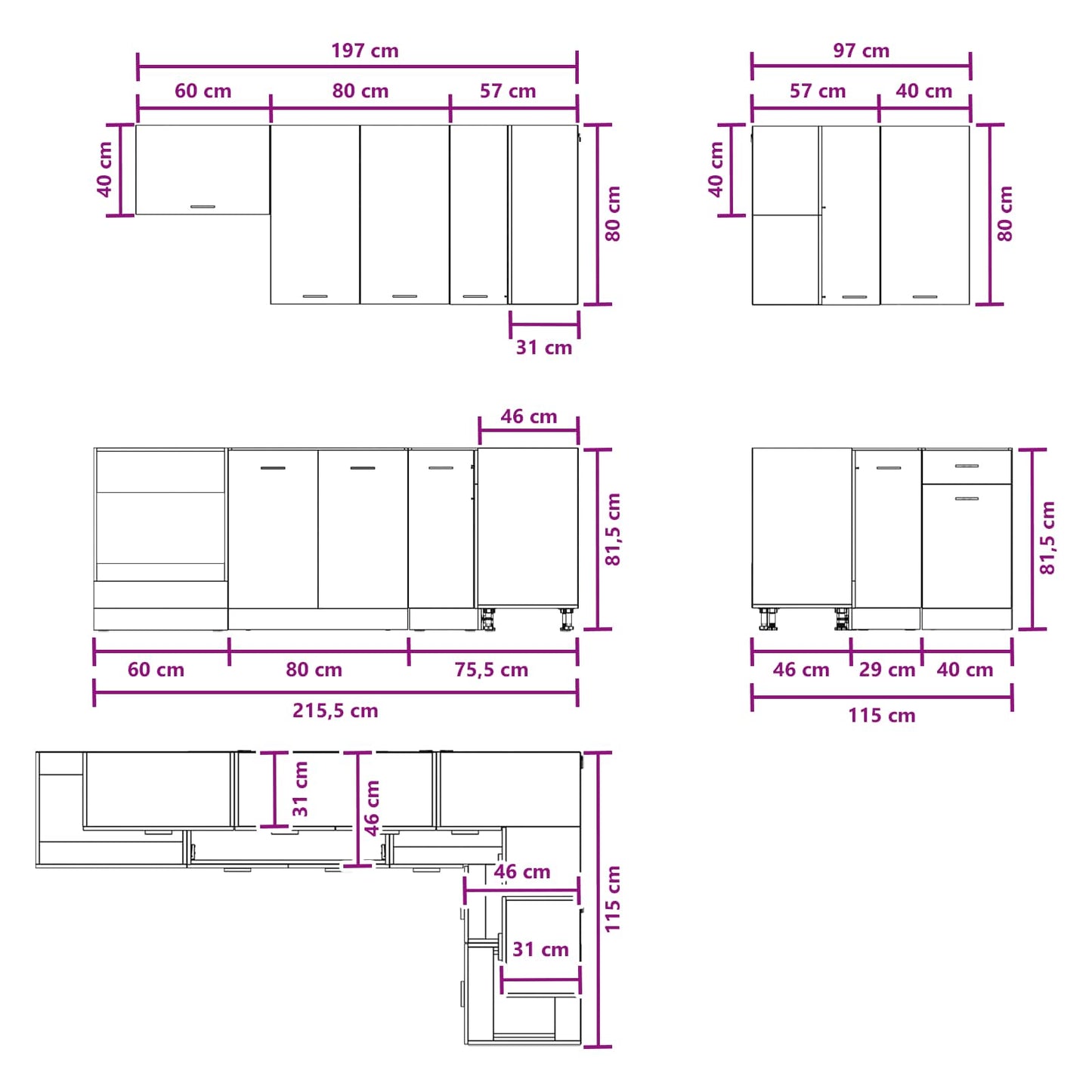 Keukenblok LYON 8 pcs Wit Bewerkt hout