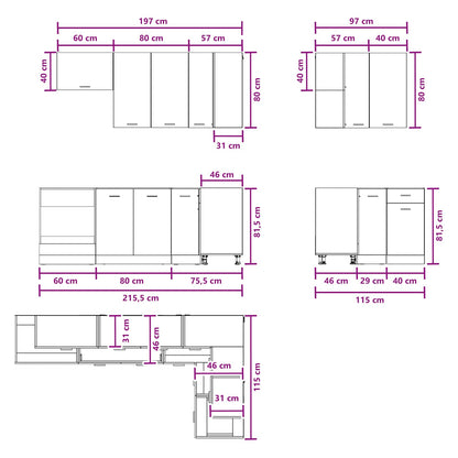 Keukenblok LYON 8 pcs Wit Bewerkt hout