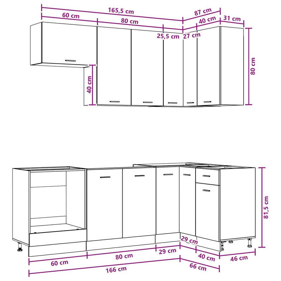 Keukenblok LYON 8 pcs Wit Bewerkt hout