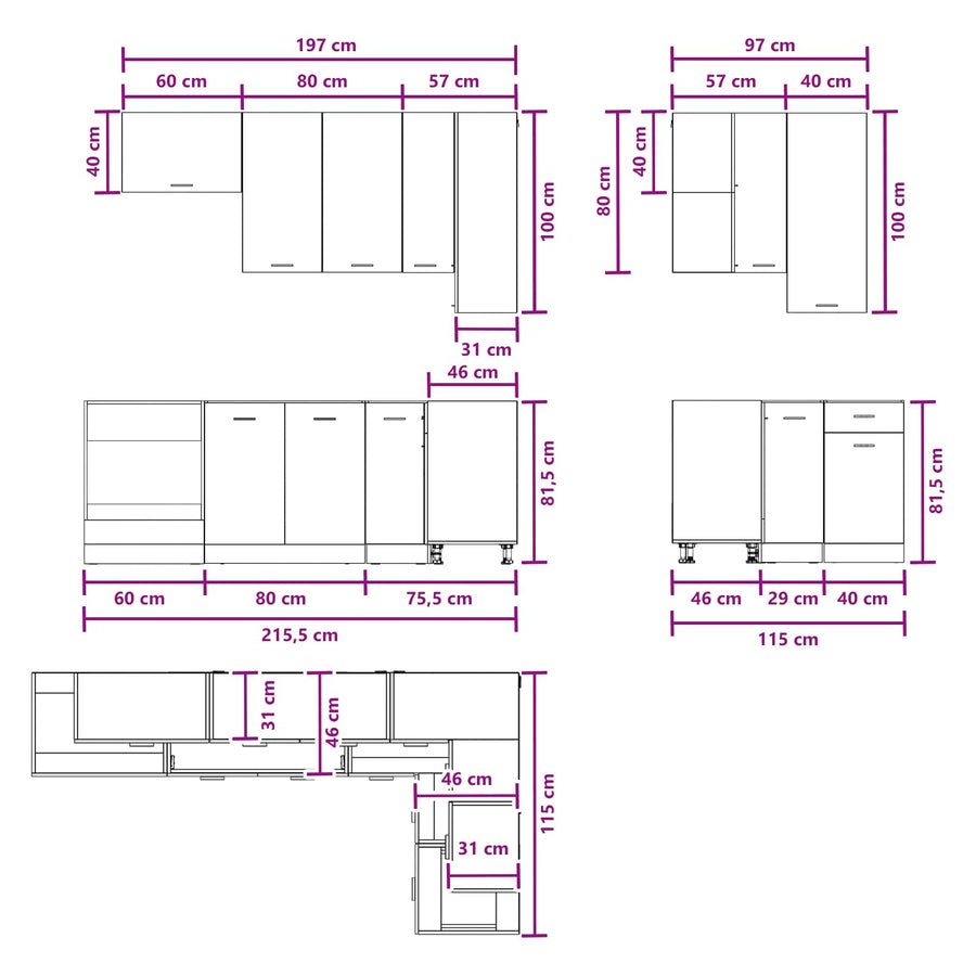 Keukenblok LYON 8 pcs Gerookt eiken Bewerkt hout