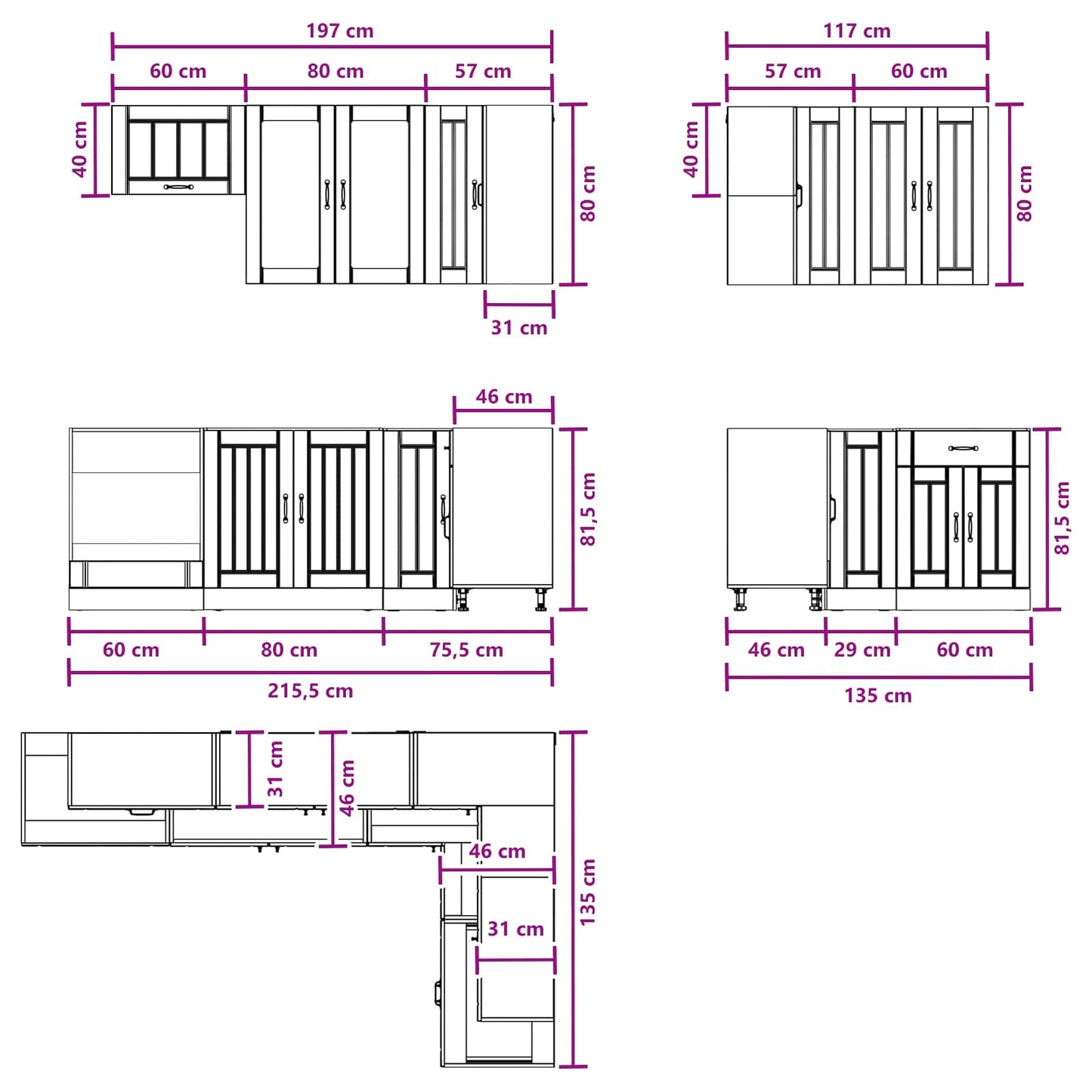 Keukenblok LUCCA 8 pcs Zwart Bewerkt hout