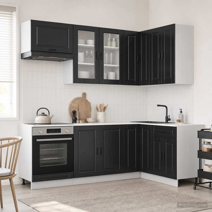 Keukenblok PORTO 8 pcs Zwart Bewerkt hout
