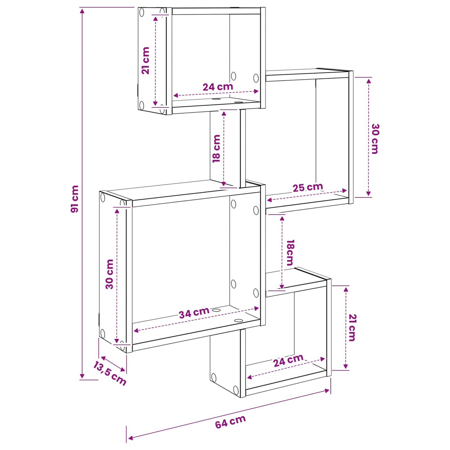 Wand Cube Planken Muurmontage Zwart 64 x 13,5 x 91,5 cm