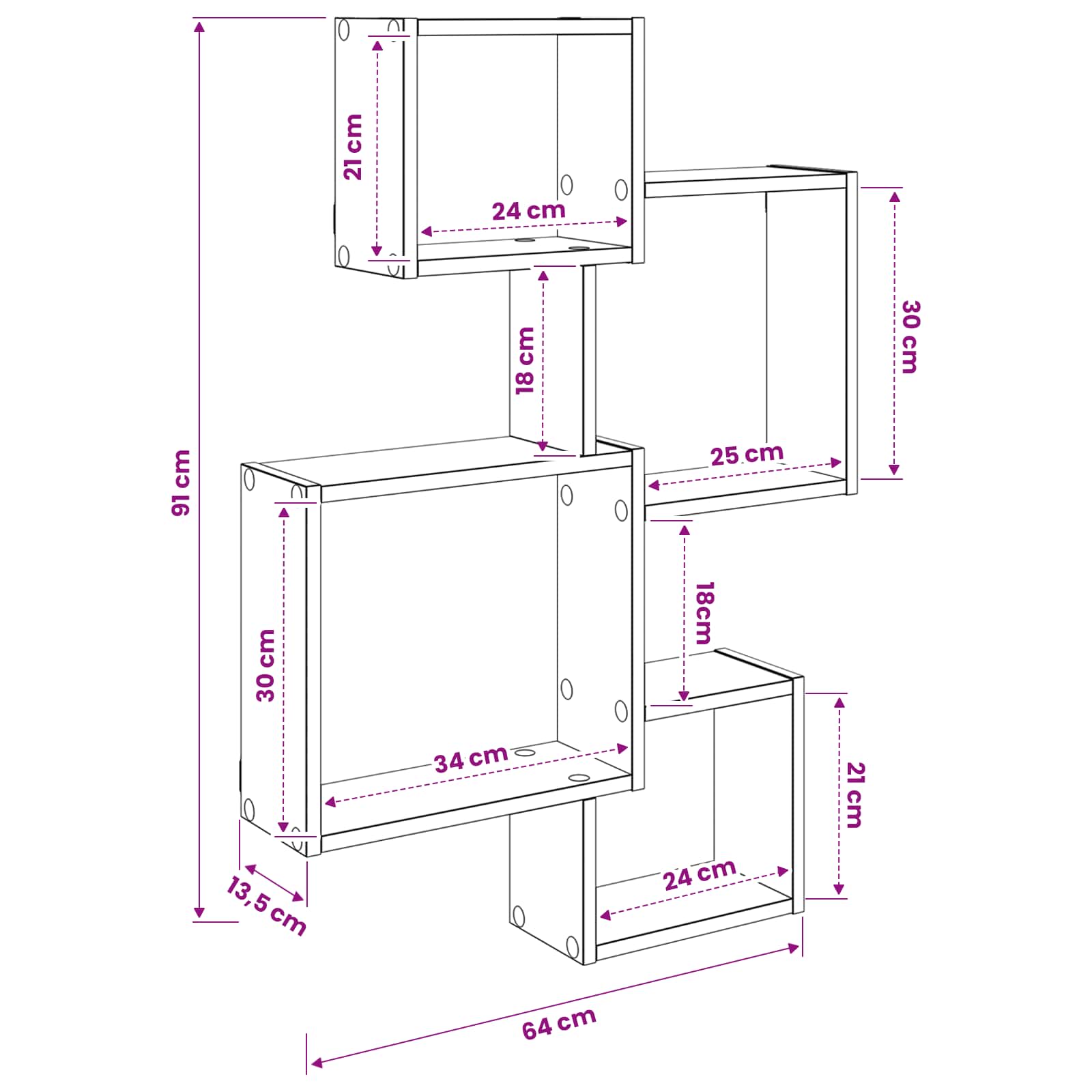 Wand Cube Planken Muurmontage Grijs 64 x 13,5 x 91,5 cm