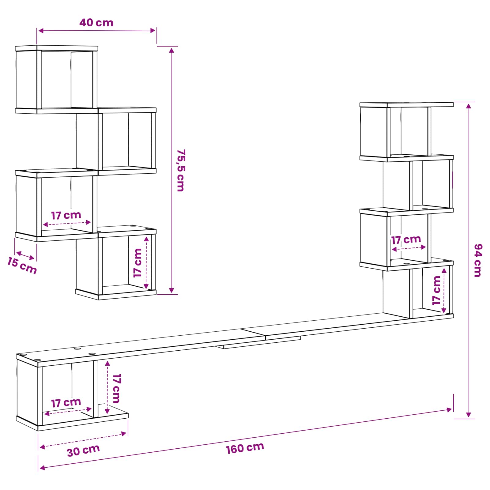 Vaste TV Plank Zwart eiken 160 x 15 x 94 cm Bewerkt hout