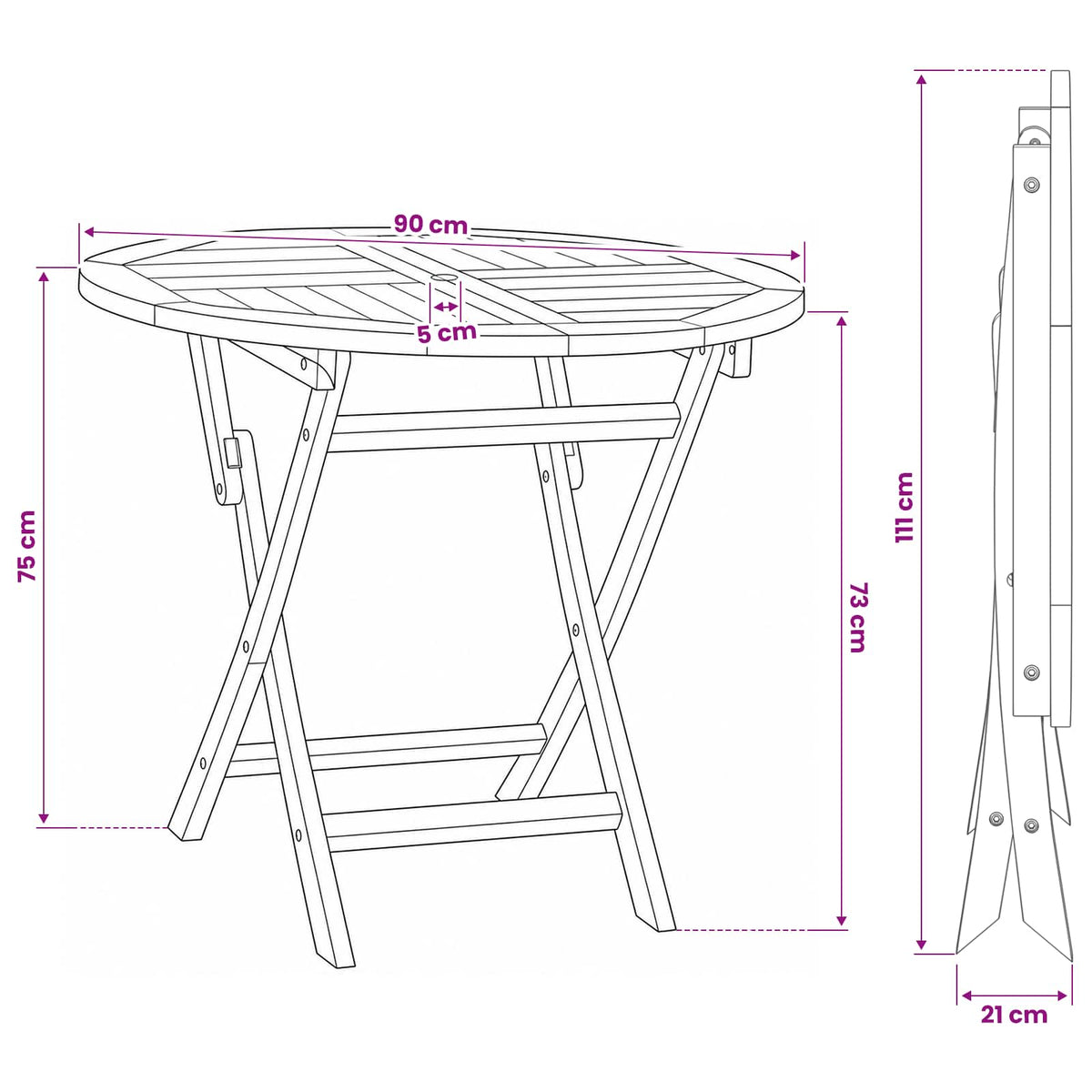 Vouw Tuin Tafel Naturel Ø 90 x 75 cm Massief Teakhout