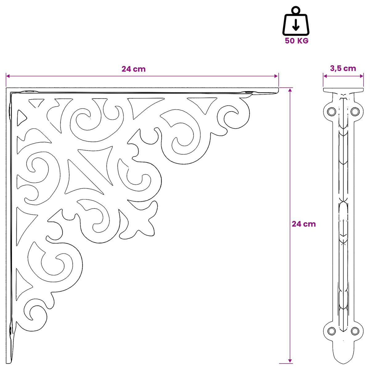 Wandplank Beugels 2 st Zwart 24 x 24 x 3,5 cm Staal