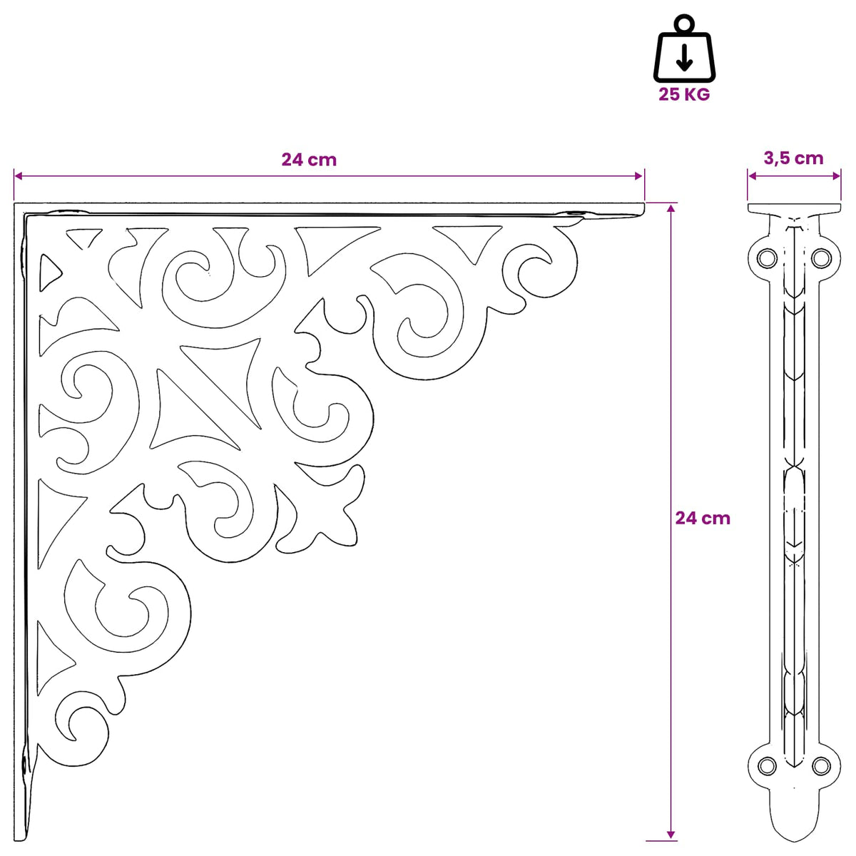 Wandplank Beugels 12 st Zwart 24 x 24 x 3,5 cm Staal
