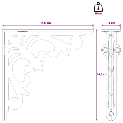Wandplank Beugels 12 st Zwart 14,5 x 14,5 x 3 cm Staal