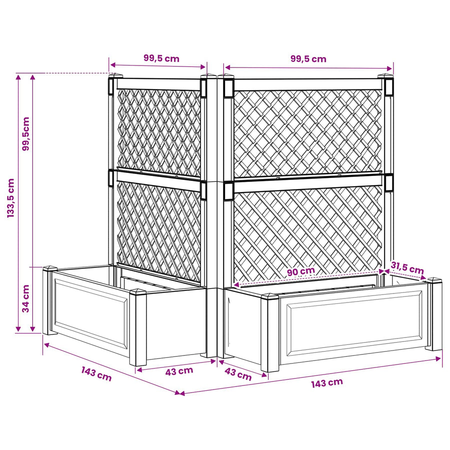 Grote plantenbak met trellis 2 pcs Grijs 143 x 143 x 133,5 cm