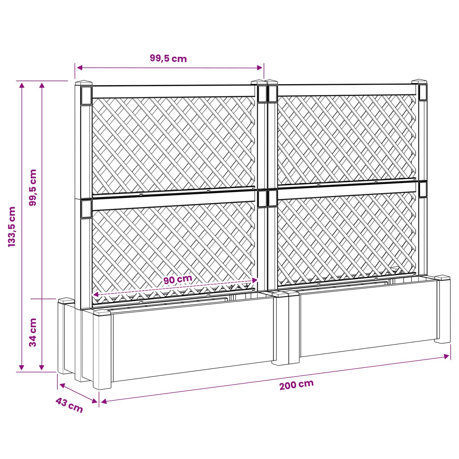 Grote planter met trellis 2 pcs Grijs 200 x 43 x 133,5 cm PP